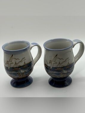 Vintage Otagiri Blue grey Nautical Footed Mugs seagulls boats